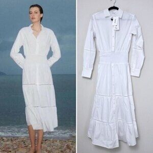 Thakoon Smocked Waist Maxi Shirtdress 0 White Ladder Trim Button Down Poplin NWT